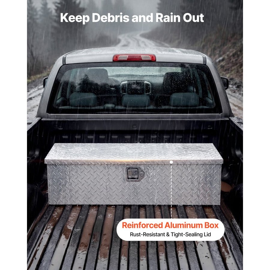 VEVOR Heavy Duty Aluminum Truck Bed Tool Box, Diamond Plate Tool Box with Side Handle and Lock Keys, Storage Tool Box Chest Box Organizer for Pickup, Truck Bed, RV, Trailer, 99.1x33x25.4 cm, Silver