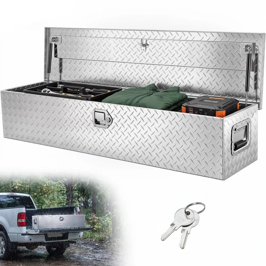 VEVOR Heavy Duty Aluminum Truck Bed Tool Box, Diamond Plate Tool Box with Side Handle and Lock Keys, Storage Tool Box Chest Box Organizer for Pickup, Truck Bed, RV, Trailer, 121.9x38.1x38.1 cm, Silver