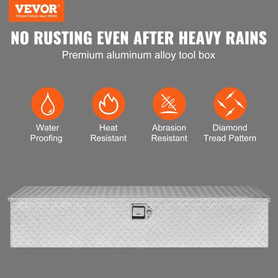 VEVOR Heavy Duty Aluminum Truck Bed Tool Box, Diamond Plate Tool Box with Side Handle and Lock Keys, Storage Tool Box Chest Box Organizer for Pickup, Truck Bed, RV, Trailer, 121.9x38.1x38.1 cm, Silver
