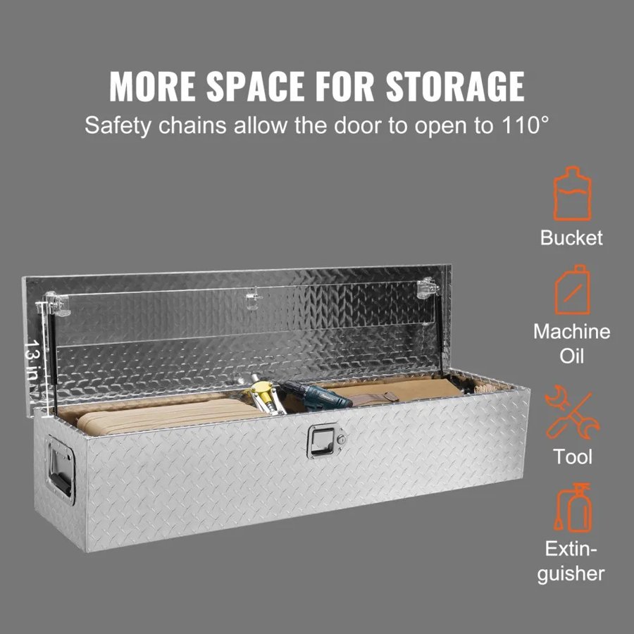 VEVOR Heavy Duty Aluminum Truck Bed Tool Box, Diamond Plate Tool Box with Side Handle and Lock Keys, Storage Tool Box Chest Box Organizer for Pickup, Truck Bed, RV, Trailer, 121.9x38.1x38.1 cm, Silver