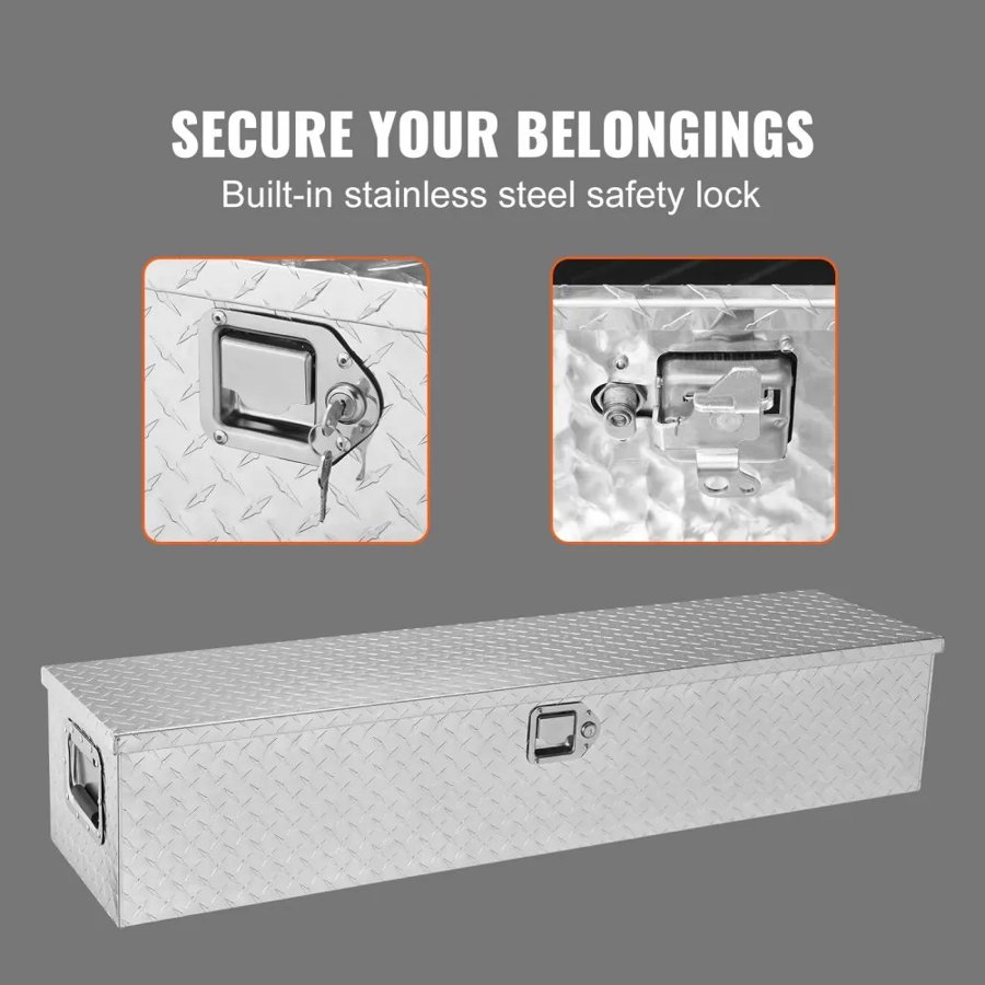 VEVOR Heavy Duty Aluminum Truck Bed Tool Box, Diamond Plate Tool Box with Side Handle and Lock Keys, Storage Tool Box Chest Box Organizer for Pickup, Truck Bed, RV, Trailer, 121.9x38.1x38.1 cm, Silver