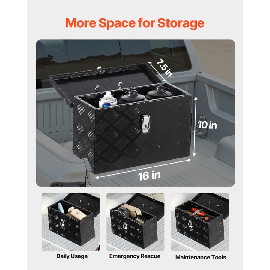 VEVOR Heavy Duty Aluminum Truck Bed Tool Box, Stripes Plated Tool Box with Side Handle and Top Handle, Storage Toolbox Chest Organizer for Trailer, Pickup, RV, 16"x7.5"x10"(406x190x254mm), Black