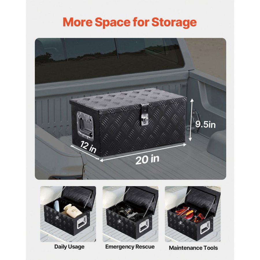 VEVOR Heavy Duty Aluminum Truck Bed Tool Box, Stripes Plated Tool Box with Side Handle and Lock Keys, Storage Toolbox Chest Organizer for Trailer, Pickup, RV, 20"x12"x9.5"(508x304.8x241.3mm), Black