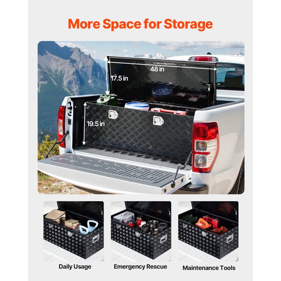 VEVOR Heavy Duty Aluminum Truck Bed Tool Box, Stripes Plated Tool Box with Side Handle and Locks Keys, Storage Toolbox Chest Organizer for Trailer, Pickup, 48"x19.5"x17.5"(1219.2x495.3x444.5mm), Black