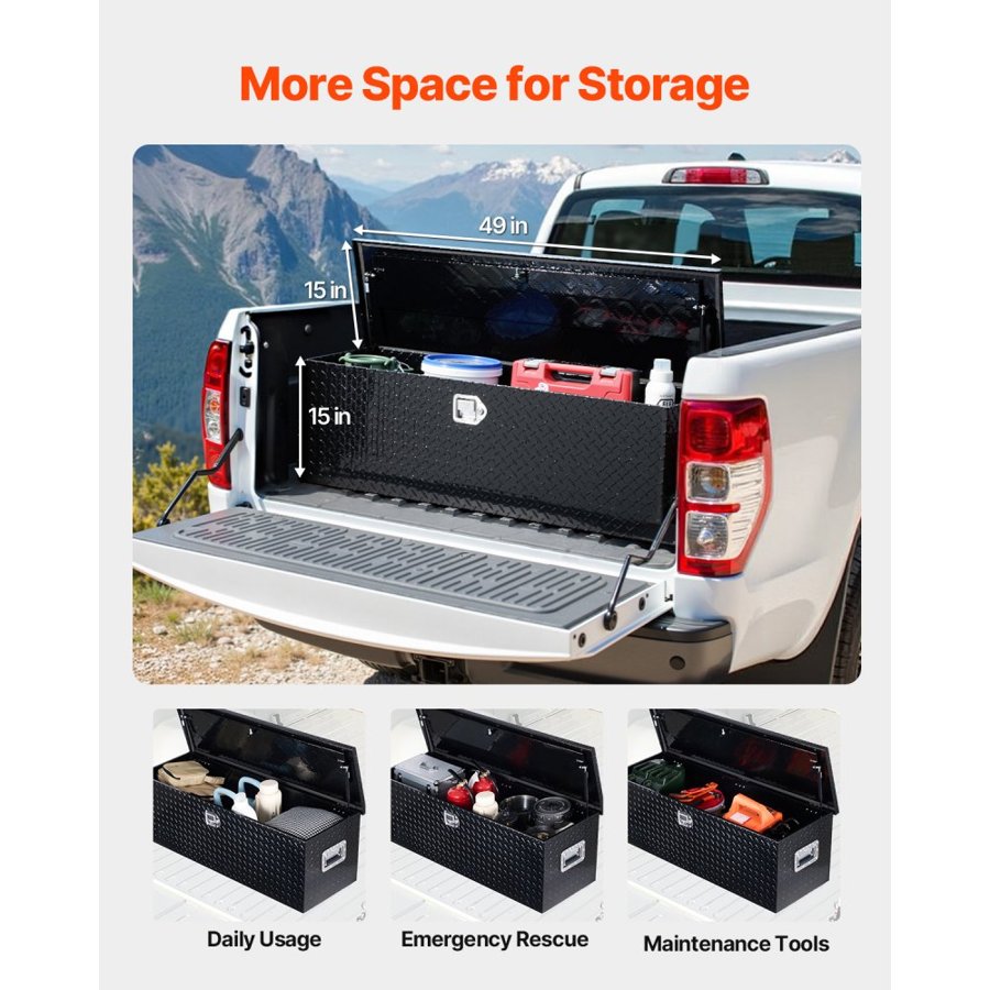 VEVOR Heavy Duty Aluminum Truck Bed Tool Box, Diamond Plate Tool Box with Side Handle and Lock Keys, Storage Toolbox Chest Organizer for Trailer, Pickup, RV, 49"x15"x15"(1244.6x381x381mm), Black