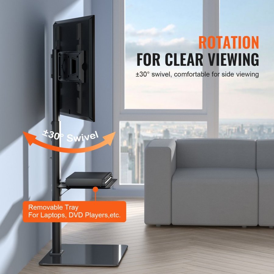 VEVOR TV Stand Mount, Swivel Tall TV Stand for 32 to 65 inch TVs, Height Adjustable Portable Floor TV Stand with Tempered Glass Base for Bedroom, Living Room
