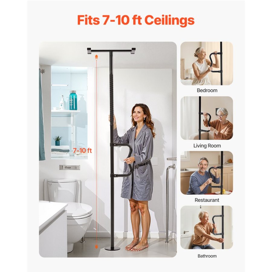 VEVOR Floor-to-Ceiling Transfer Pole, Tension Mounted Bathroom Grab Bar with Anti-Slip Curve Handle, 300 Lbs Capacity Security Pole for Elderly, Ideal Senior Safety Pole for 7-10 Ft Ceilings, Black