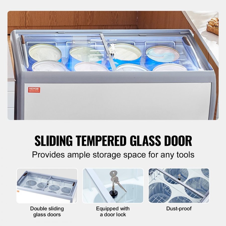 VEVOR Commercial Ice Cream Display Case, 370 L Chest Freezer, Mobile Glass Top Deep Freezer, Restaurant Gelato Dipping Cabinet with 8 Large Tubs, 2 Sliding Glass Doors, Locking Casters, White