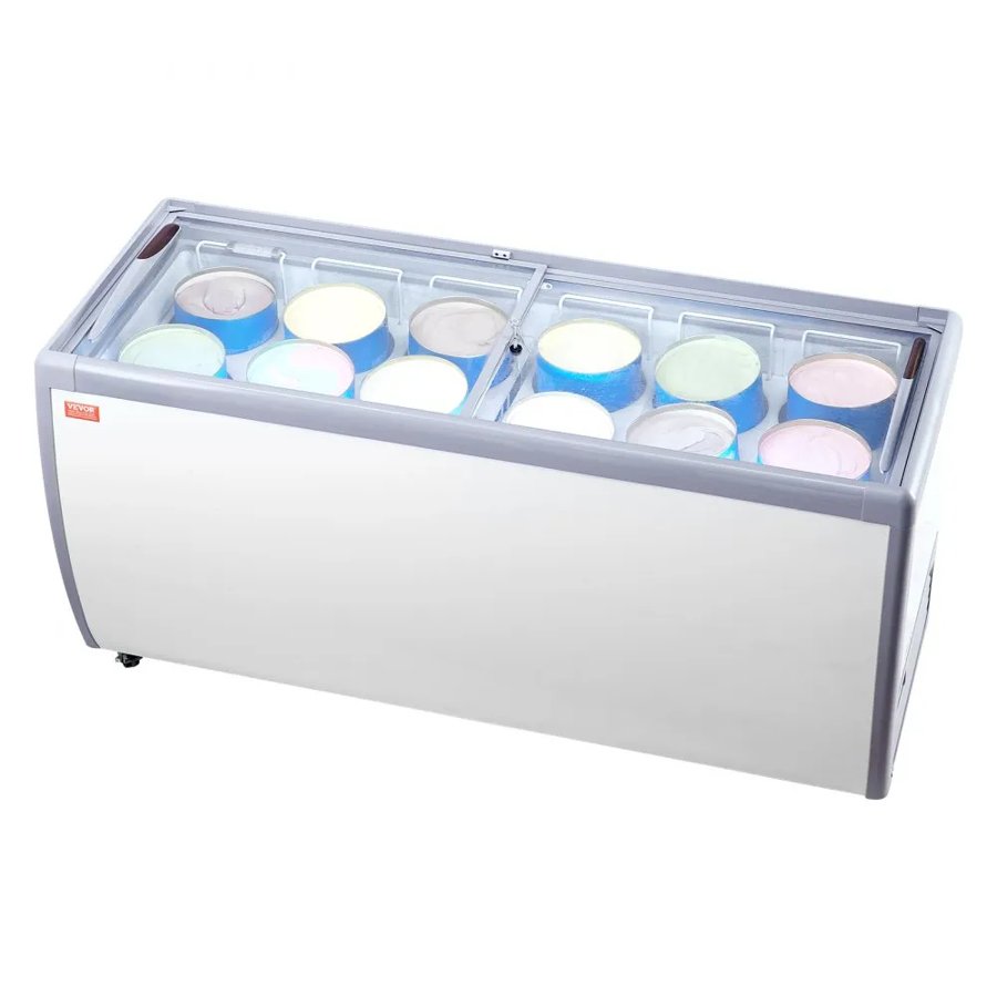 VEVOR Commercial Ice Cream Display Case, 567 L Chest Freezer, Mobile Glass Top Deep Freezer, Restaurant Gelato Dipping Cabinet with 12 Large Tubs, 2 Sliding Glass Doors, Locking Casters, White