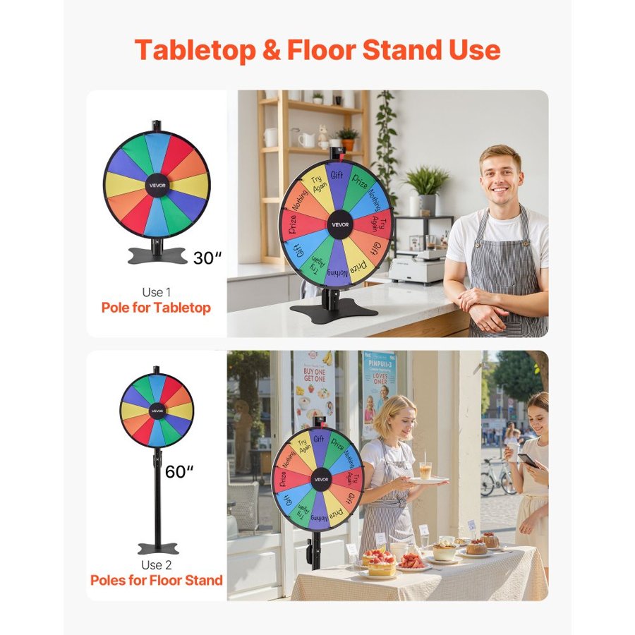 VEVOR 12 Slot Prize Spin Wheel – 610mm, Dual Height