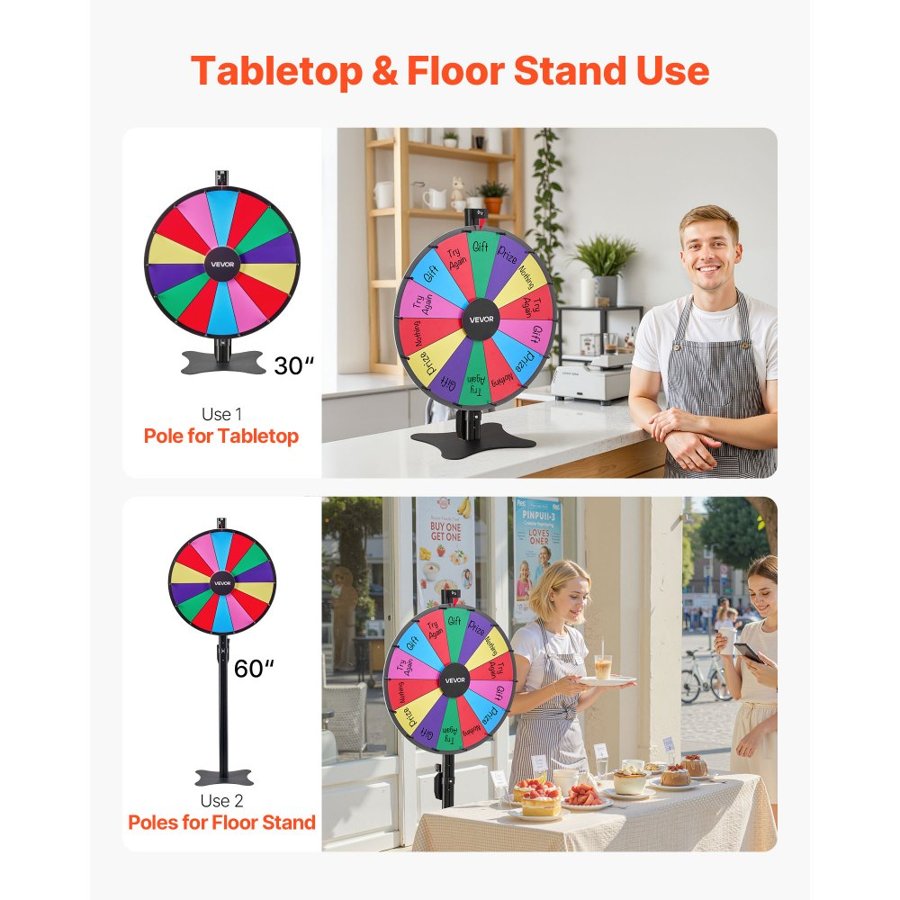 VEVOR 24 Inch Prize Wheel – 14 Slots, 30/60" Dual-Height