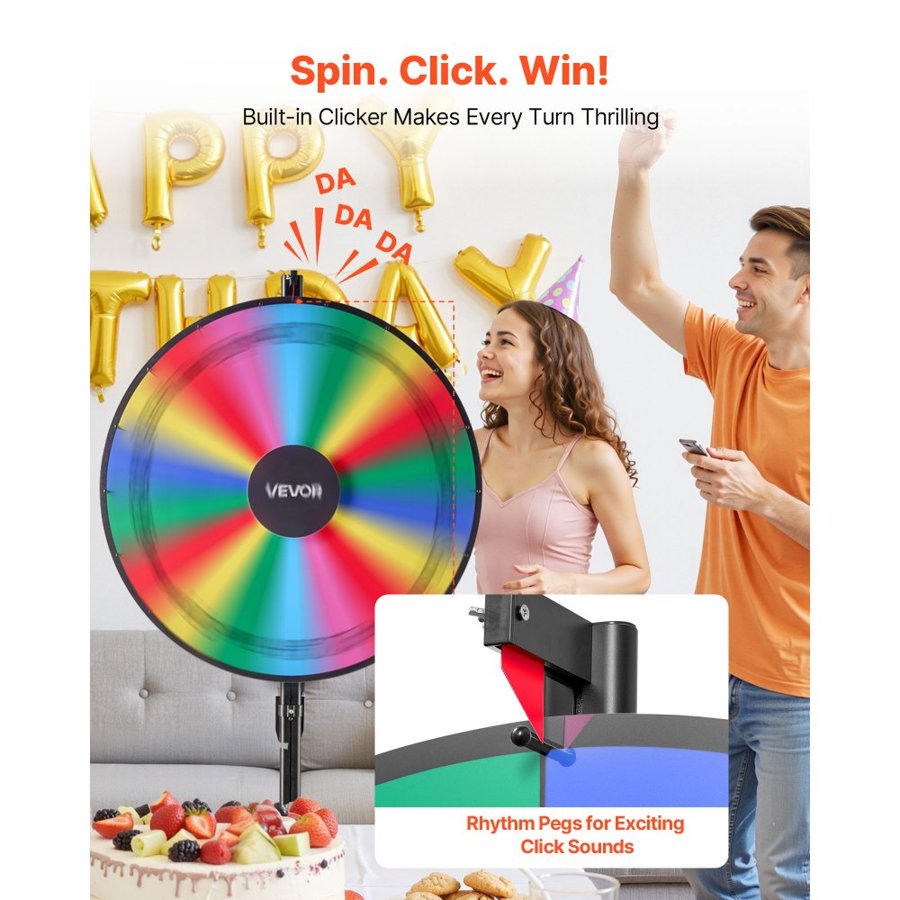 VEVOR 914 mm Spinning Prize Wheel, 18 Slots Spinning Wheel with Stand, Adjustable Height Win Fortune Roulette with a Dry Erase and 2 Markers, 6 Colors, Easy Assembly, for Party Pub Trade Show Carnival