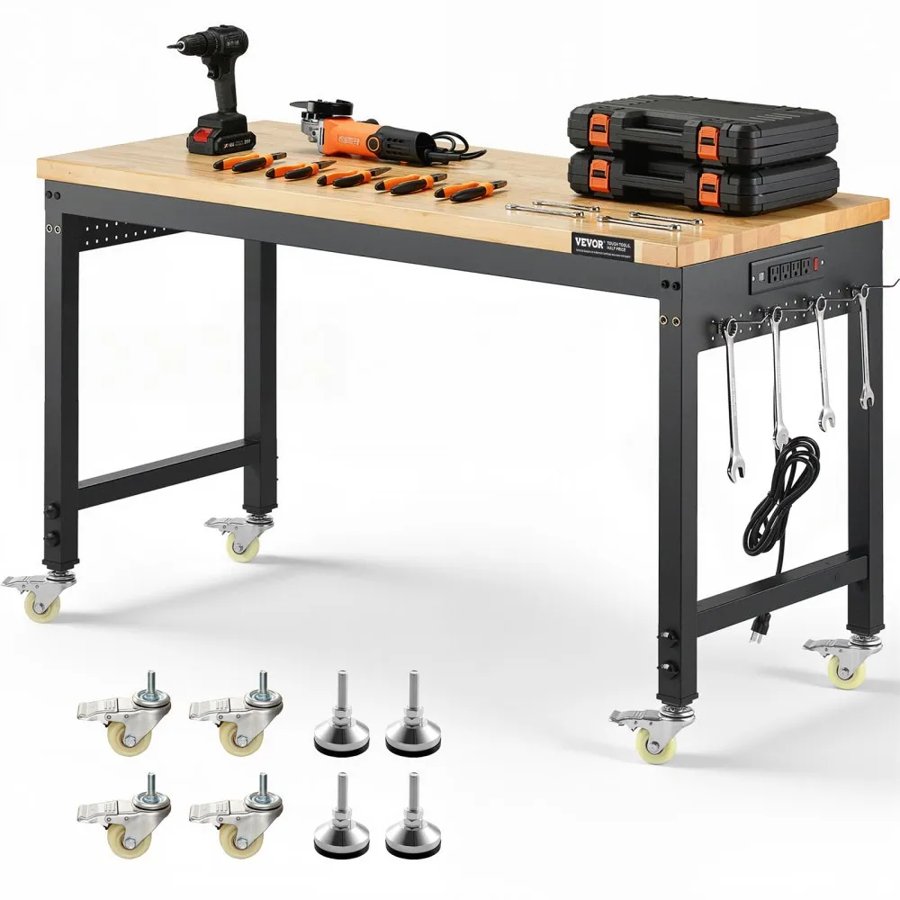 VEVOR 1219 mm Adjustable Workbench, 907 kg Load, Work Bench with Power Outlet, Wheels, and Pegboard, Heavy Duty Oak Wood Top Work Table for Garage, Workshop, Office, and Home