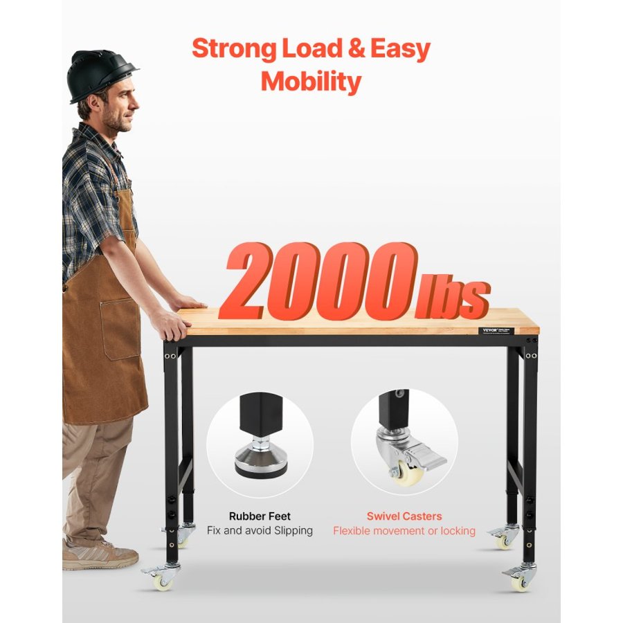 VEVOR 1219 mm Adjustable Workbench, 907 kg Load, Work Bench with Power Outlet, Wheels, and Pegboard, Heavy Duty Oak Wood Top Work Table for Garage, Workshop, Office, and Home