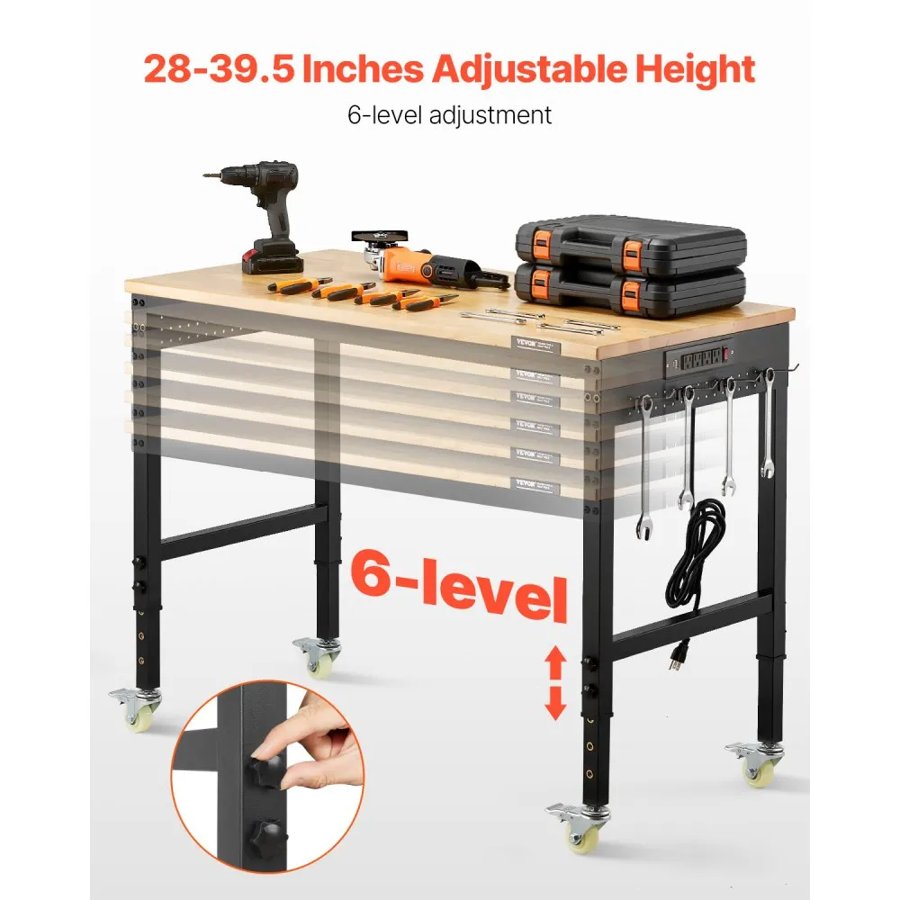 VEVOR 1219 mm Adjustable Workbench, 907 kg Load, Work Bench with Power Outlet, Wheels, and Pegboard, Heavy Duty Oak Wood Top Work Table for Garage, Workshop, Office, and Home