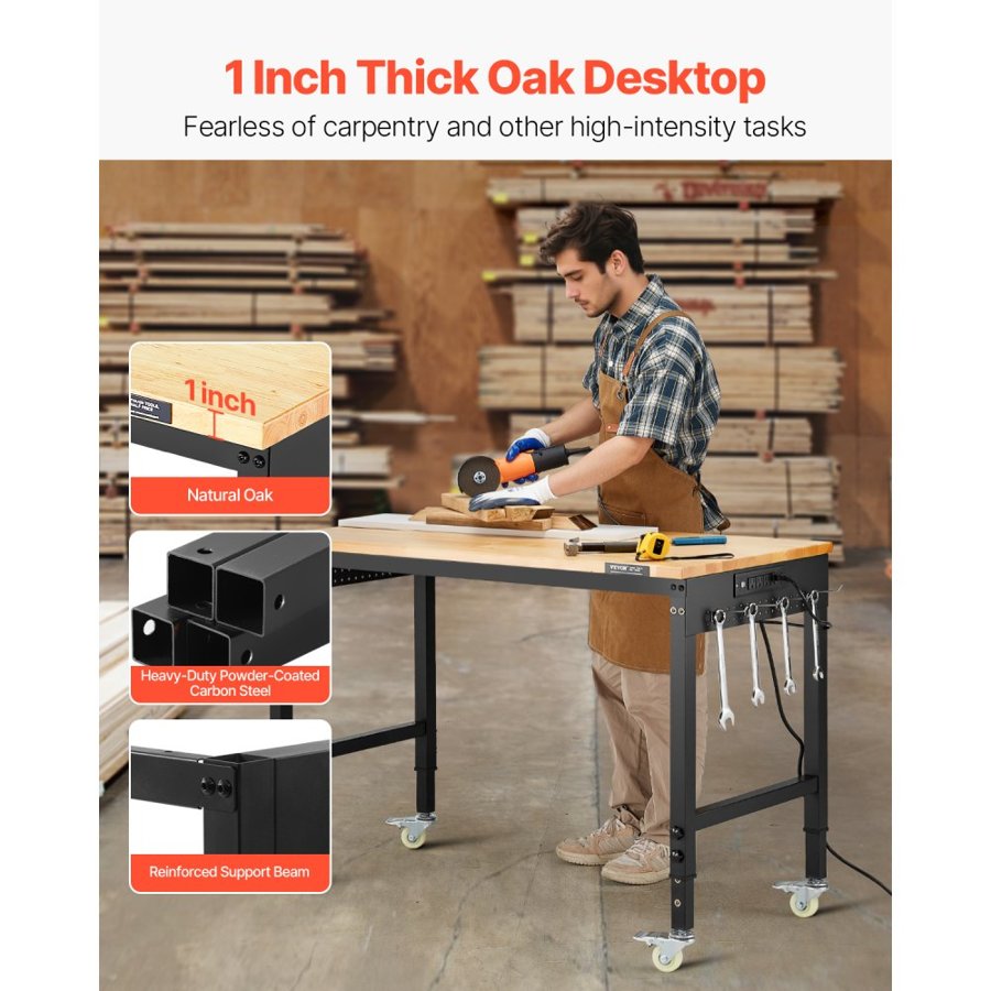 VEVOR 1219 mm Adjustable Workbench, 907 kg Load, Work Bench with Power Outlet, Wheels, and Pegboard, Heavy Duty Oak Wood Top Work Table for Garage, Workshop, Office, and Home