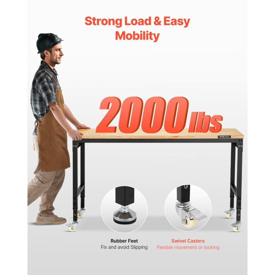 VEVOR 1524 mm Adjustable Workbench, 907 kg Load, Work Bench with Power Outlet, Wheels, and Pegboard, Heavy Duty Oak Wood Top Work Table for Garage, Workshop, Office, and Home