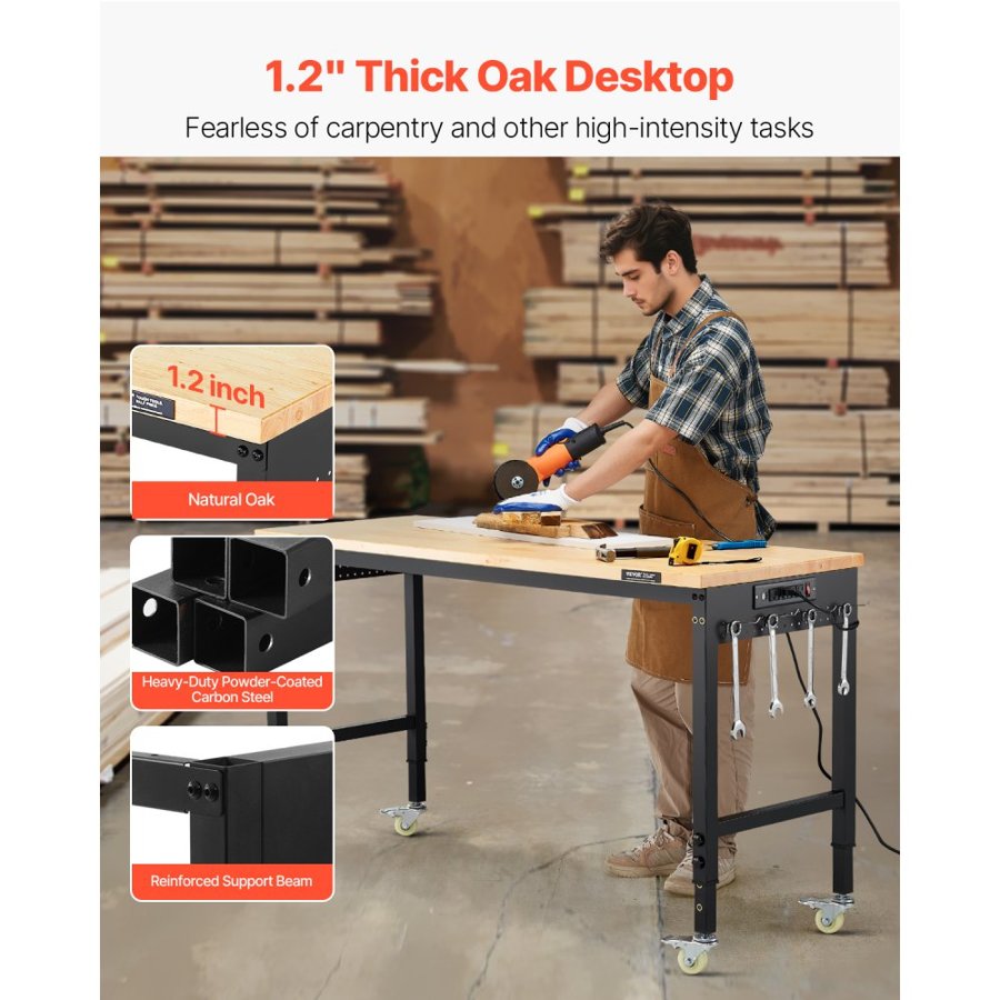 VEVOR 1524 mm Adjustable Workbench, 907 kg Load, Work Bench with Power Outlet, Wheels, and Pegboard, Heavy Duty Oak Wood Top Work Table for Garage, Workshop, Office, and Home
