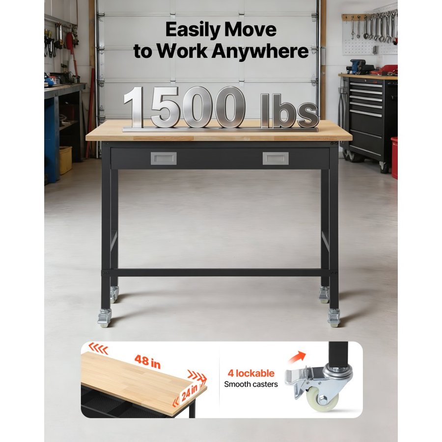VEVOR 1220 mm Workbench, 680 kg Load Capacity, Garage Workbench with Drawer Storage & Wheels, Workshop Bench on Wheels, Heavy Duty Oak Wood Top Work Table for Garage, Workshop, Office, and Home
