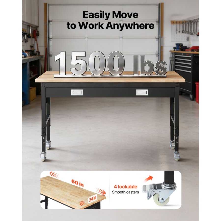 VEVOR 1524 mm Adjustable Workbench, 680 kg Load Capacity, Garage Workbench with Drawer, Power Outlet, Wheels, and Pegboard, Heavy Duty Oak Wood Top Work Table for Garage, Workshop, Office, and Home