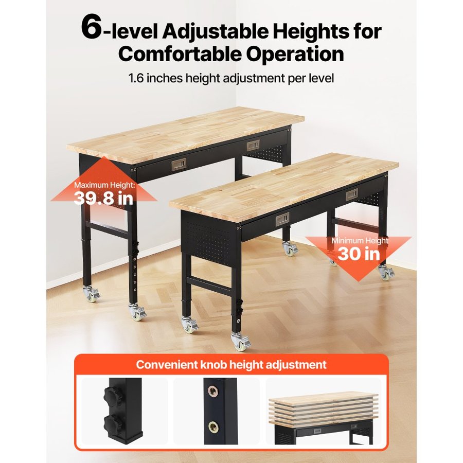VEVOR 1524 mm Adjustable Workbench, 680 kg Load Capacity, Garage Workbench with Drawer, Power Outlet, Wheels, and Pegboard, Heavy Duty Oak Wood Top Work Table for Garage, Workshop, Office, and Home