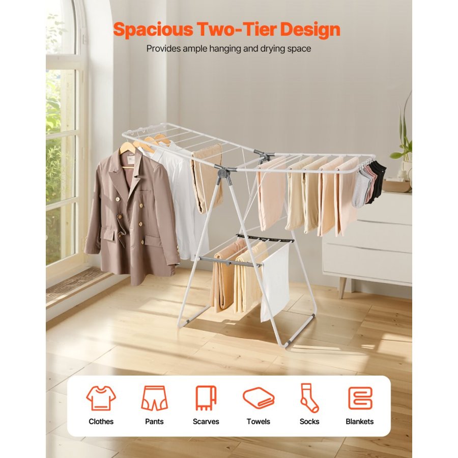 VEVOR Clothes Drying Rack, 2-Tier Foldable Laundry Dryer Rack with Sock Clips & 21 Drying Rods, Metal Height Adjustable Drying Racks for Outdoor & Indoor, Free-Standing & Space-Saving Hanger, White