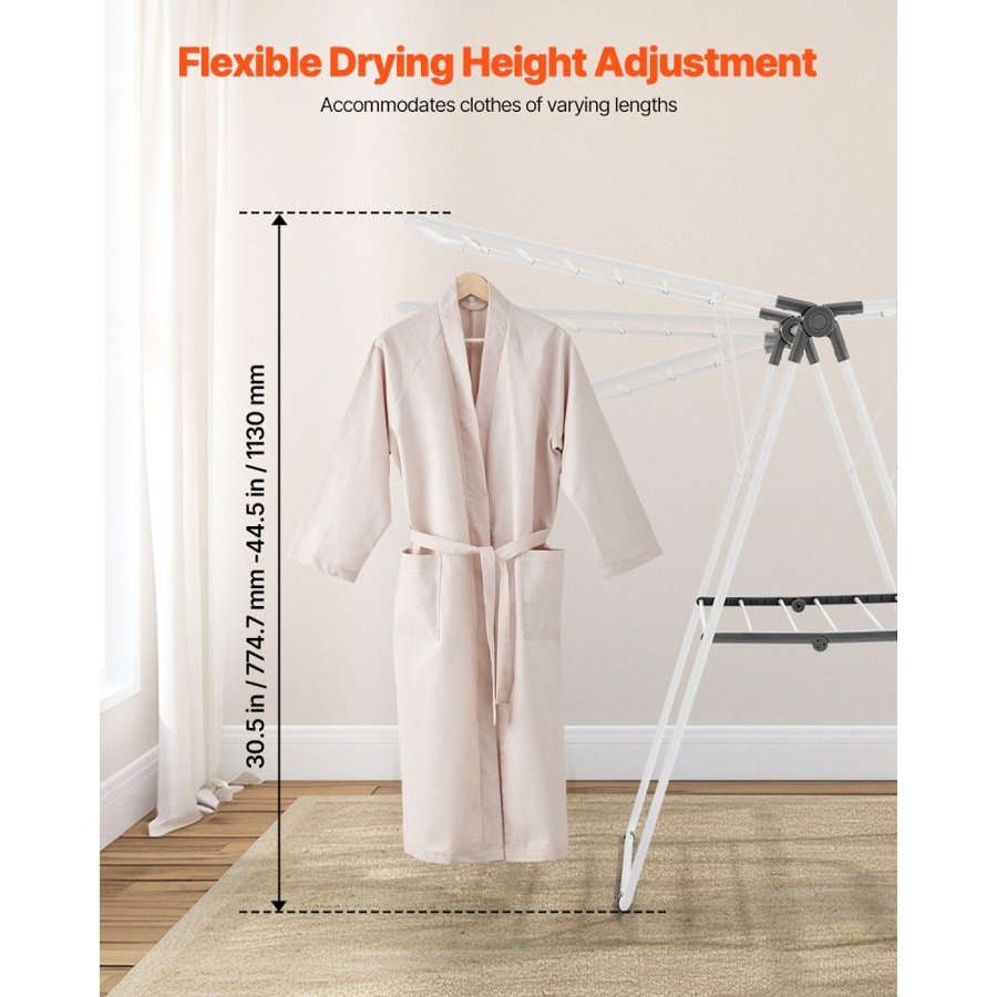 VEVOR Clothes Drying Rack, 2-Tier Foldable Laundry Dryer Rack with Sock Clips & 21 Drying Rods, Metal Height Adjustable Drying Racks for Outdoor & Indoor, Free-Standing & Space-Saving Hanger, White
