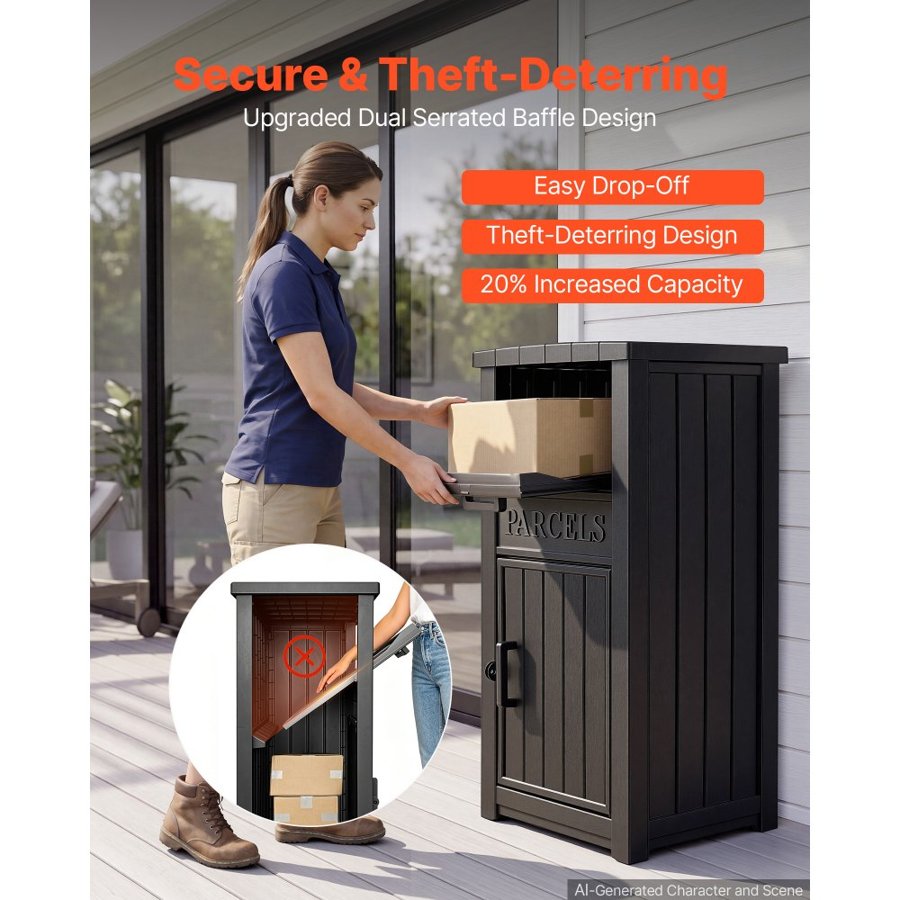 VEVOR Package Delivery Box for Outside 1121 mm Large Parcel Drop Box Black, for Porch, Curbside & House Storage, Lockable Anti-Theft Waterproof Weatherproof, Thick PP Secure Mailbox for Outdoor Use