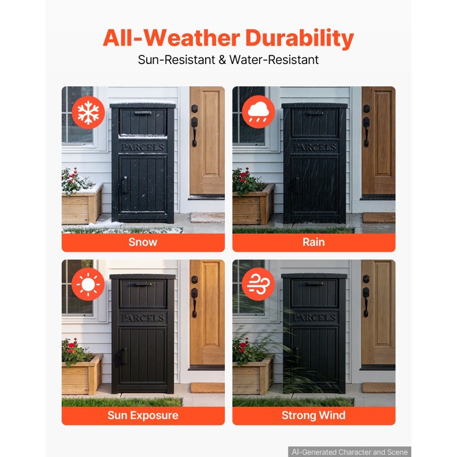 VEVOR Package Delivery Box for Outside 1121 mm Large Parcel Drop Box Black, for Porch, Curbside & House Storage, Lockable Anti-Theft Waterproof Weatherproof, Thick PP Secure Mailbox for Outdoor Use