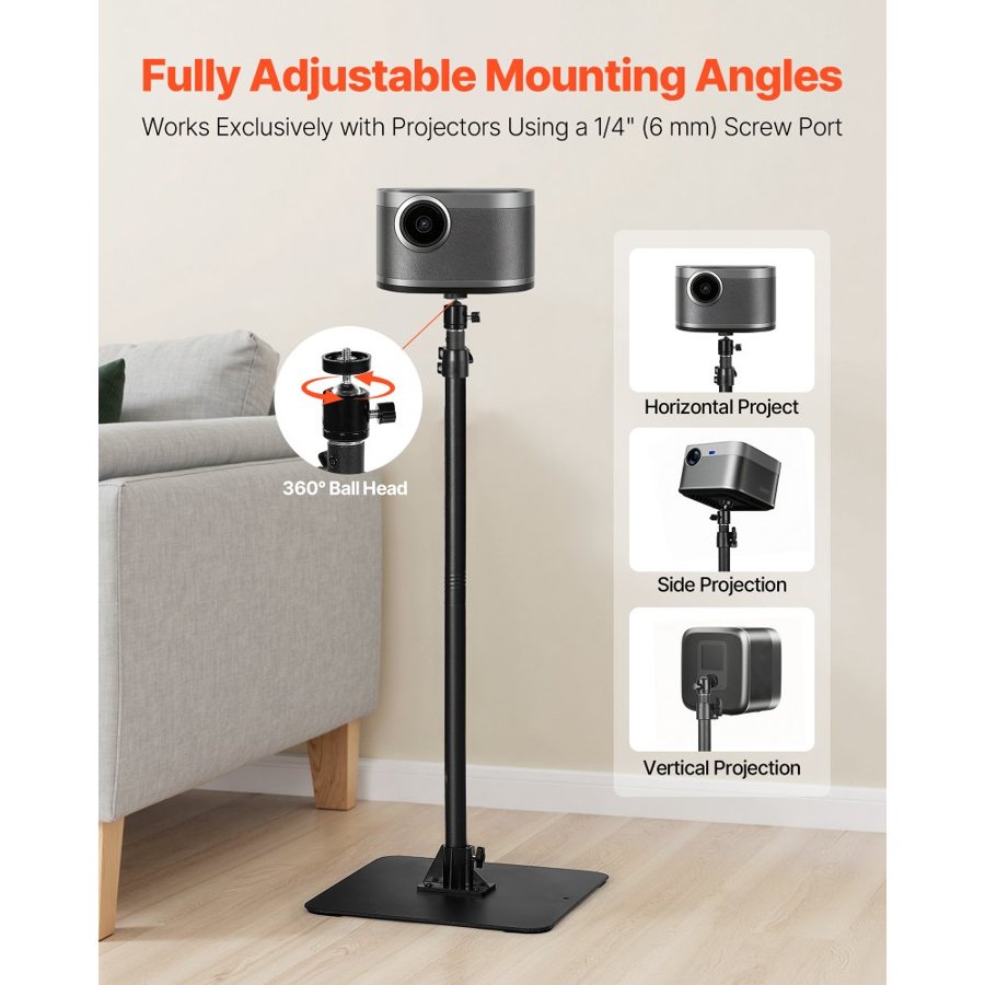 VEVOR Projector Stand, Projector Floor Stand with Adjustable Height 770 to 1610mm, 360° Horizontal Rotation Projectors Cart for Meetings, Outdoor Movies, Video Stand, Gimbal Mount or Tray Support