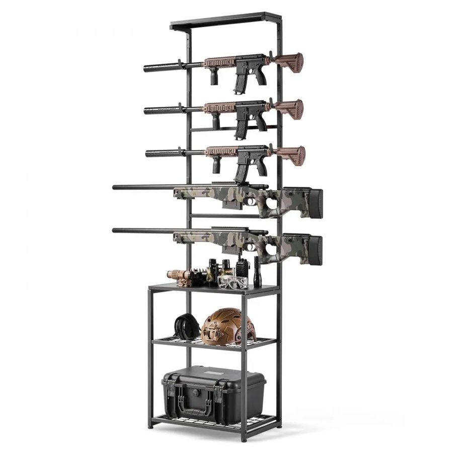 VEVOR Gun Rack, Floor Standing, Indoor Rifle Shotgun Rack Stand with Storage Shelf, for Wall Mount Gun Display Stand, Holds up to 5 Rifles, Heavy Duty Steel, for Home Garage Hunting Long Guns Storage