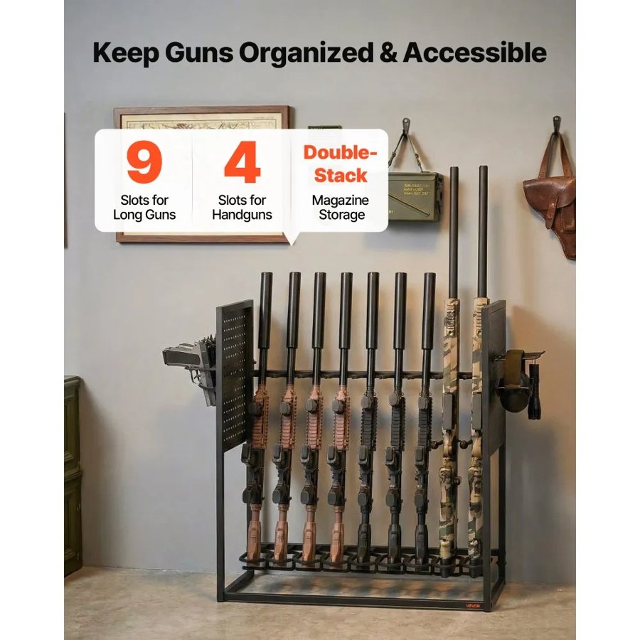 VEVOR Gun Rack, Floor Standing, Indoor Heavy Duty Steel Rifle Shotgun Rack Stand, Freestanding Gun Display Storage with Magazine Holder, Holds up to 9 Rifles and 4 Pistols, for Home Garage Storage