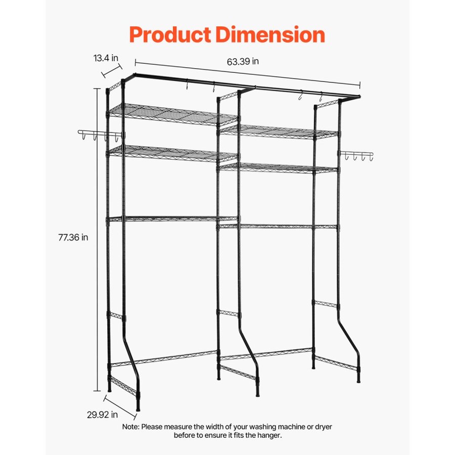 VEVOR Over Washer and Dryer Storage Shelves, 6 Tiers Laundry Room Drying Rack with Hanger Rod and Hooks, Two Rows Adjustable Washer Shelves Space Saver, for Laundry Room Storage & Organization, Black