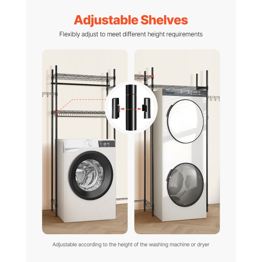 VEVOR Over Washer and Dryer Storage Shelves, 4 Tiers Laundry Room Drying Rack with Hanger Rod and Hooks, Two Rows Adjustable Washer Shelves Space Saver, for Laundry Room Storage & Organization, Black