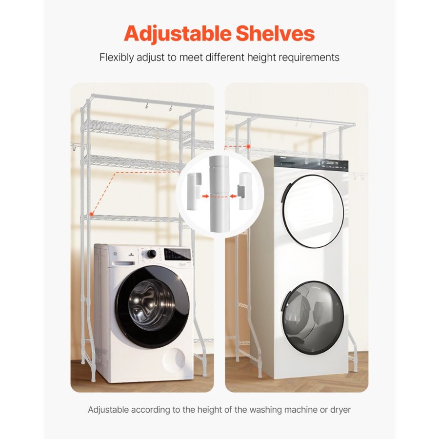 VEVOR Over Washer and Dryer Storage Shelves, 6 Tiers Laundry Room Drying Rack with Hanger Rod and Hooks, Two Rows Adjustable Washer Shelves Space Saver, for Laundry Room Storage & Organization, White
