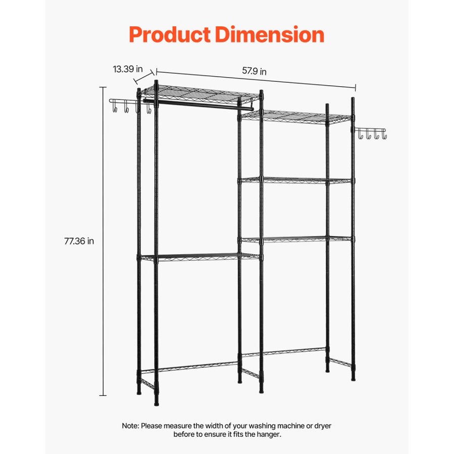 VEVOR Over Washer and Dryer Storage Shelves, 5 Tiers Laundry Room Drying Rack with Hanger Rod and Hooks, Two Rows Adjustable Washer Shelves Space Saver, for Laundry Room Storage & Organization, Black