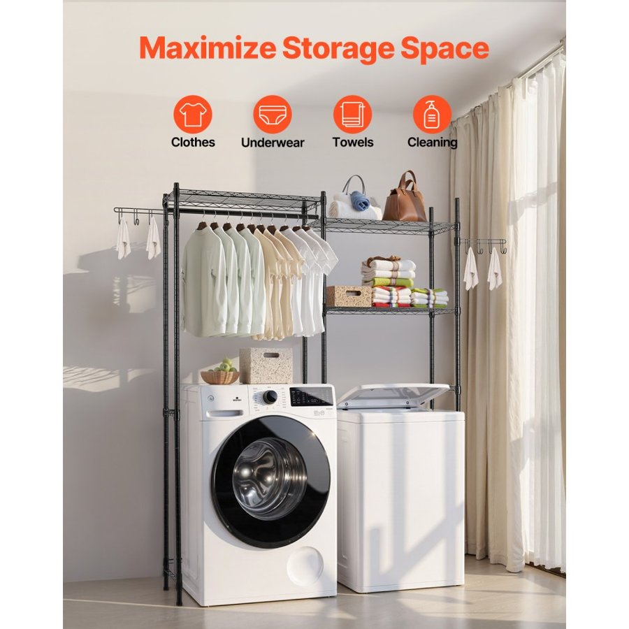 VEVOR Over Washer and Dryer Storage Shelves, 5 Tiers Laundry Room Drying Rack with Hanger Rod and Hooks, Two Rows Adjustable Washer Shelves Space Saver, for Laundry Room Storage & Organization, Black