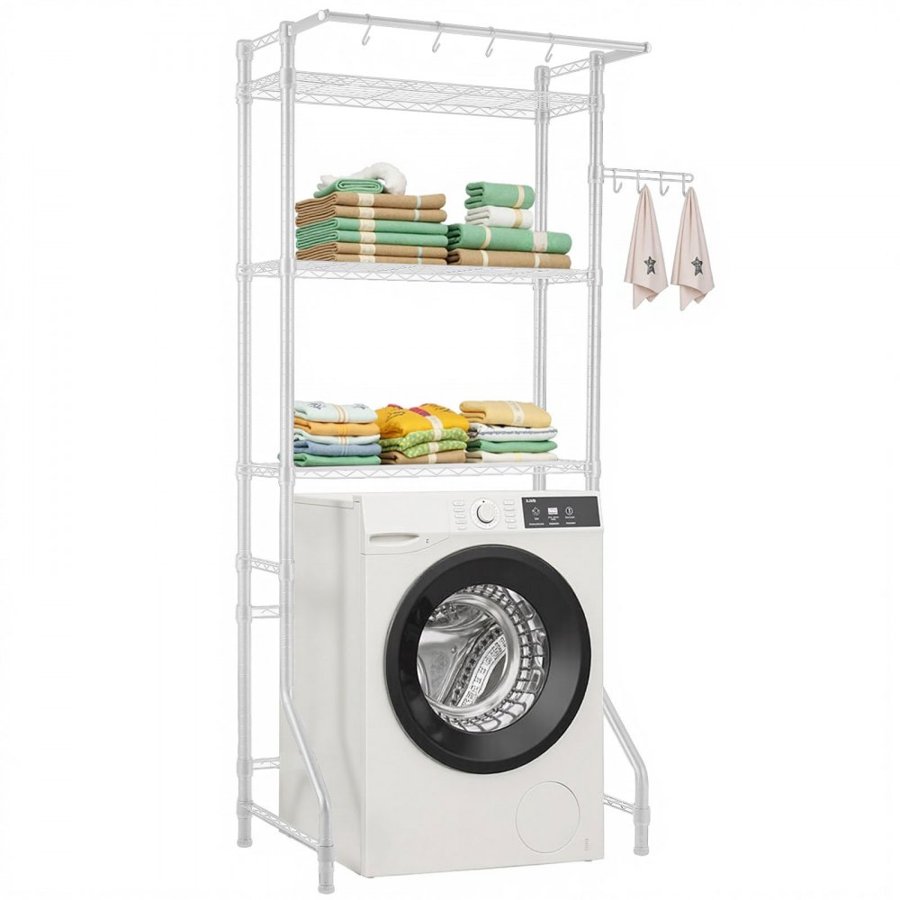 VEVOR Over Washer and Dryer Storage Shelf, 3 Tiers Laundry Room Drying Rack with Hanger Rod and Hooks, Single Row Adjustable Washer Shelves Space Saver, for Laundry Room Storage & Organization, White