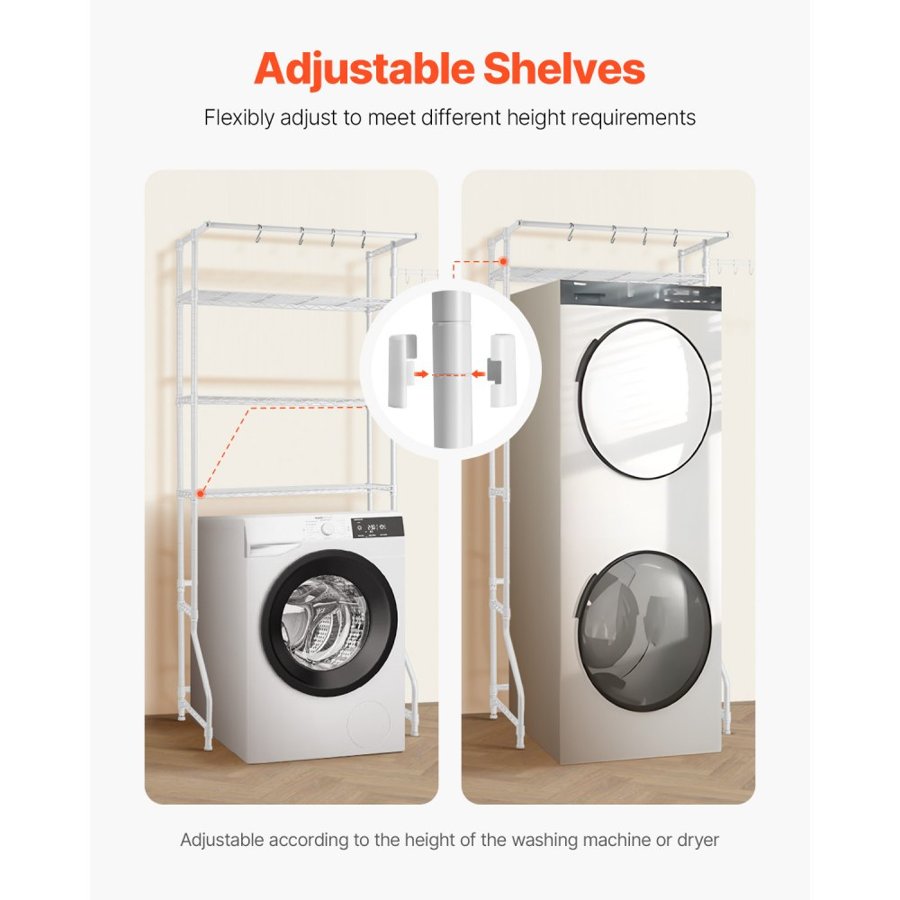 VEVOR Over Washer and Dryer Storage Shelf, 3 Tiers Laundry Room Drying Rack with Hanger Rod and Hooks, Single Row Adjustable Washer Shelves Space Saver, for Laundry Room Storage & Organization, White