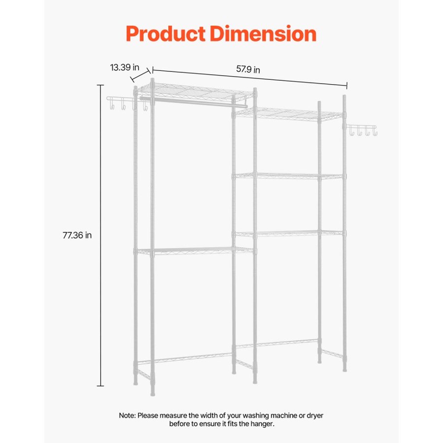 VEVOR Over Washer and Dryer Storage Shelves, 5 Tiers Laundry Room Drying Rack with Hanger Rod and Hooks, Two Rows Adjustable Washer Shelves Space Saver, for Laundry Room Storage & Organization, White