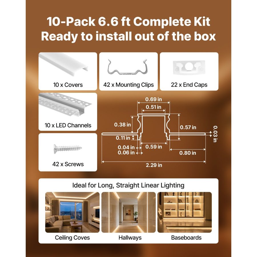 VEVOR Plaster in LED Aluminum Channel – 10-Pack 6.6 ft/2m