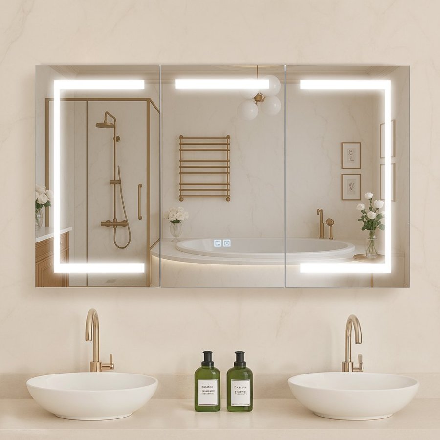 VEVOR Lighted Medicine Cabinet with Mirror, 100 x 60 cm Wall-Mounted, 3 Color Dimmable LED Bathroom Medicine Cabinet with Tempered Glass Mirror, Memory Function/2 Adjustable Shelves/ Outlets & USBs