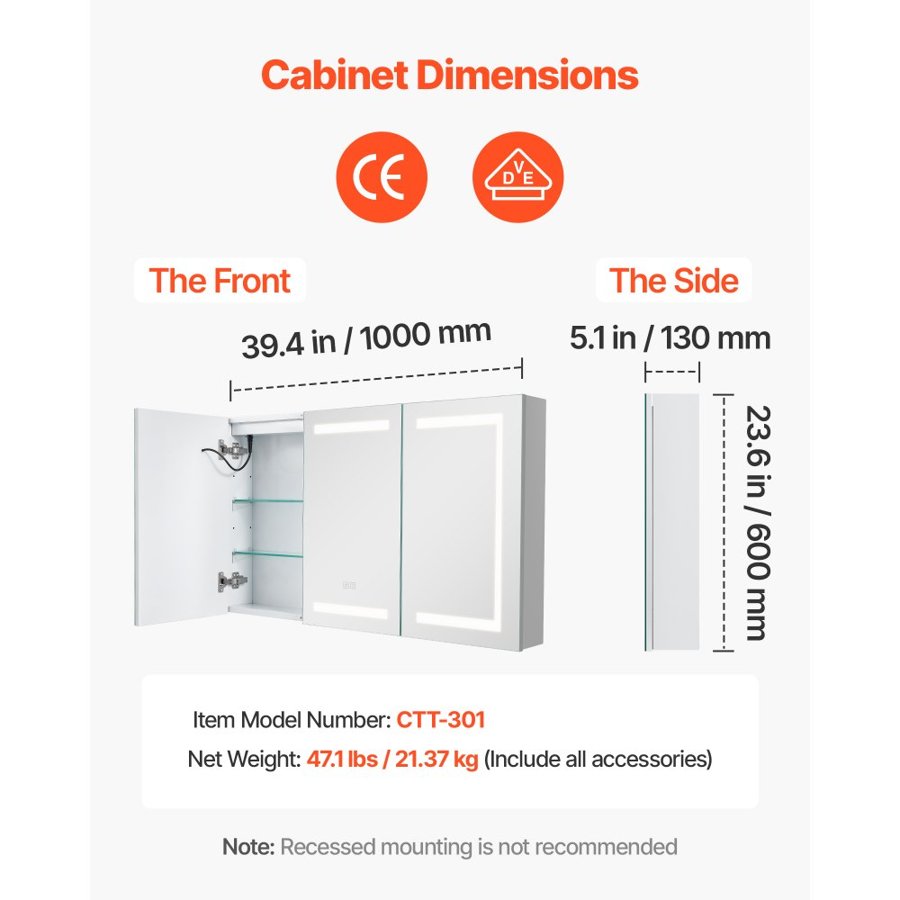 VEVOR Lighted Medicine Cabinet with Mirror, 100 x 60 cm Wall-Mounted, 3 Color Dimmable LED Bathroom Medicine Cabinet with Tempered Glass Mirror, Memory Function/2 Adjustable Shelves/ Outlets & USBs