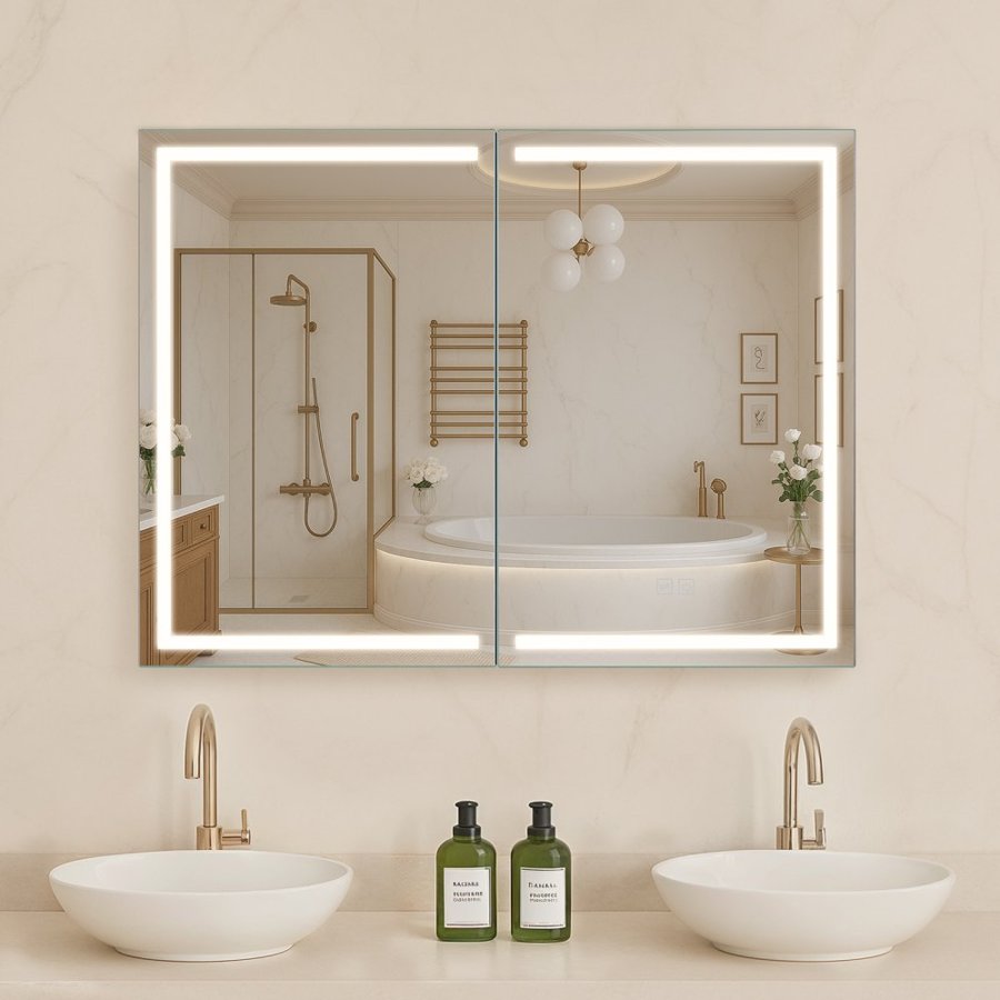 VEVOR Lighted Medicine Cabinet with Mirror, 60 x 80 cm Wall-Mounted, 3 Color Dimmable LED Bathroom Medicine Cabinet with HD Mirror, Memory Function/Adjustable Shelves Storage/ Outlets & USBs