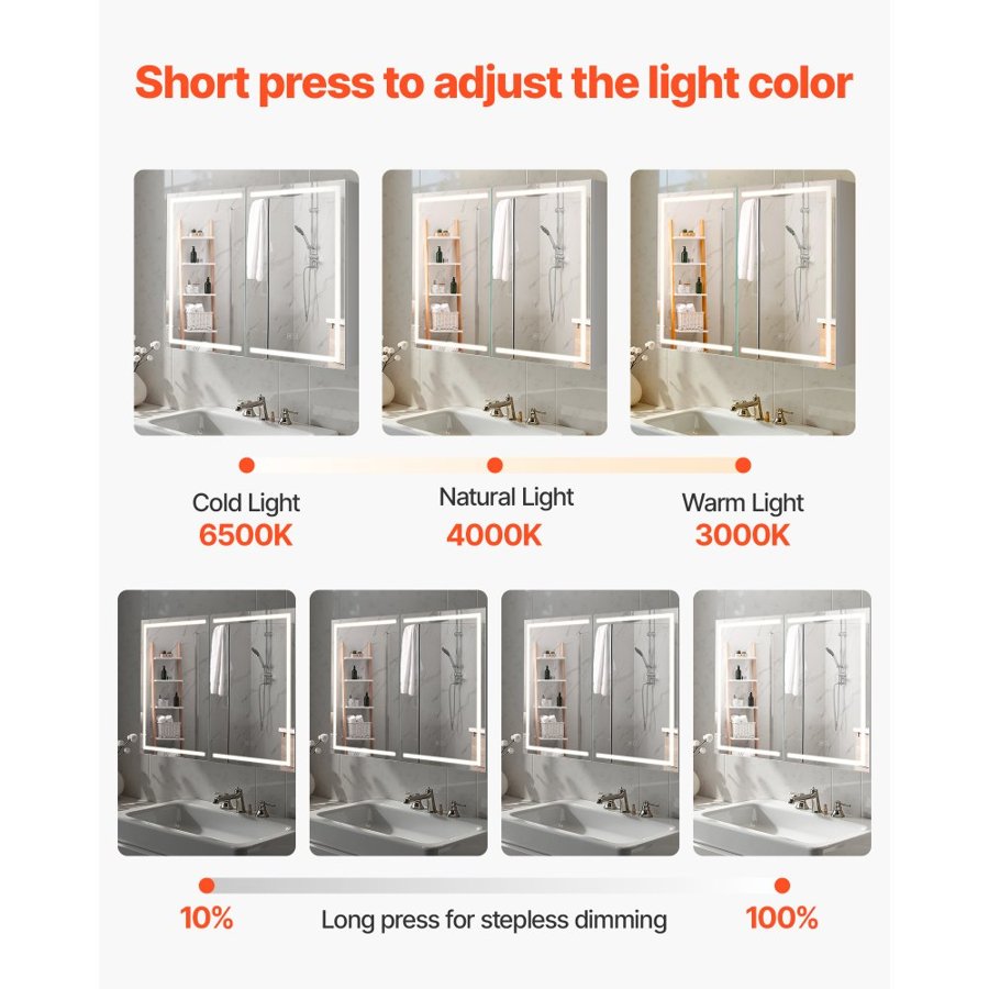 VEVOR Lighted Medicine Cabinet with Mirror, 60 x 80 cm Wall-Mounted, 3 Color Dimmable LED Bathroom Medicine Cabinet with HD Mirror, Memory Function/Adjustable Shelves Storage/ Outlets & USBs