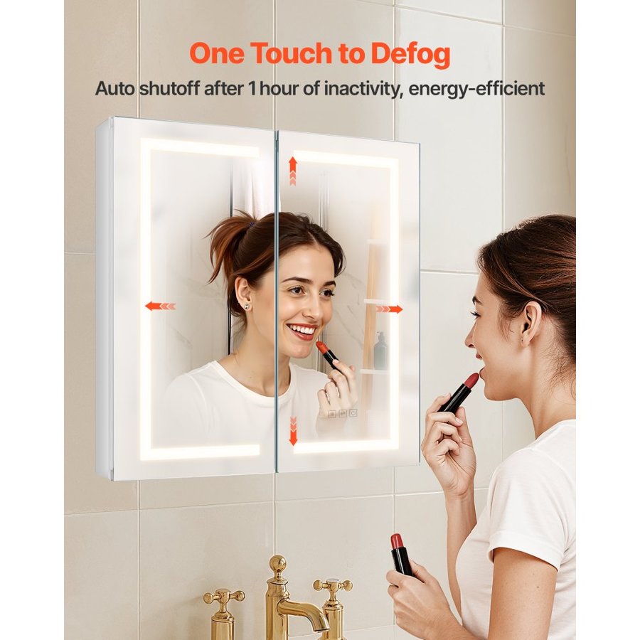 VEVOR Lighted Medicine Cabinet with Mirror, 65 x 65 cm Recessed or Wall Mount, 3 Color Dimmable LED Bathroom Medicine Cabinet with HD Mirror, Adjustable Shelve Storage, Memory Defog Function