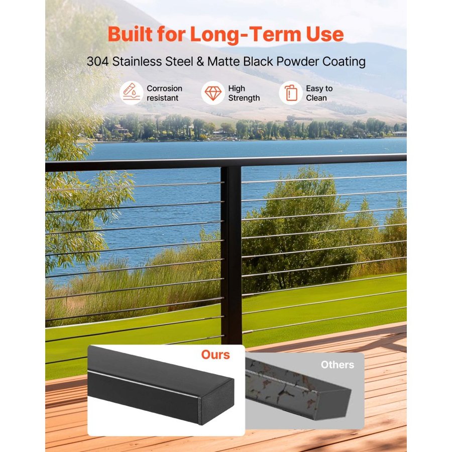 VEVOR 198 cm Stainless Steel Handrail, Rectangular Top Stair Deck Hand Rail for Outdoor/Indoor Steps with End Cap,Matte Black Coating Adjustable Metal Stair Rail for Cable Railing Kit