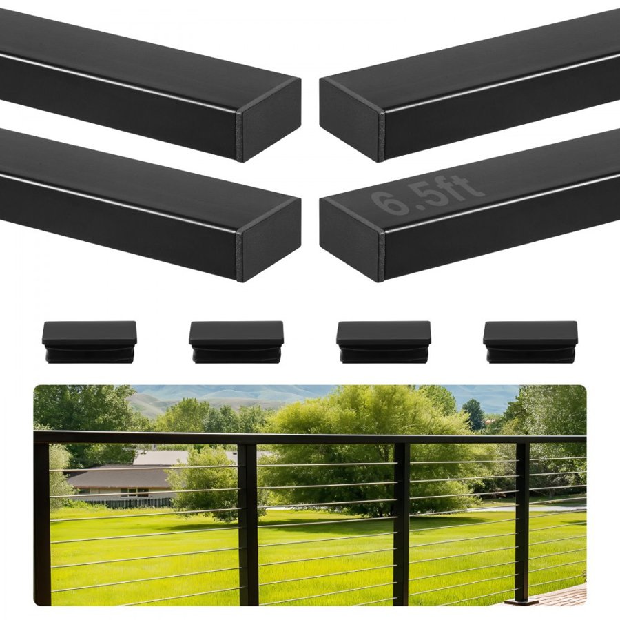VEVOR 4 Pack 198 cm Stainless Steel Handrail, Rectangular Top Stair Deck Hand Rail for Outdoor/Indoor Steps with End Cap,Matte Black Coating Adjustable Metal Stair Rail for Cable Railing Kit