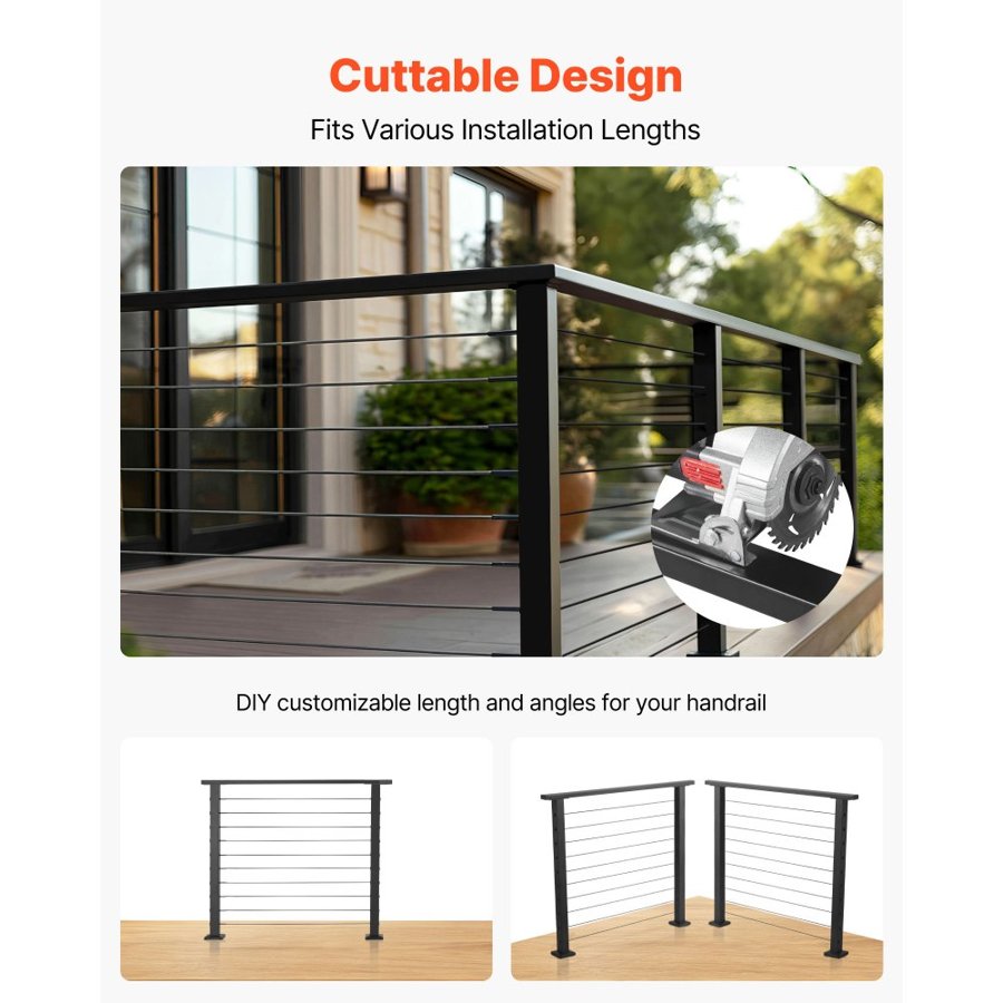 VEVOR 4 Pack 198 cm Stainless Steel Handrail, Rectangular Top Stair Deck Hand Rail for Outdoor/Indoor Steps with End Cap,Matte Black Coating Adjustable Metal Stair Rail for Cable Railing Kit