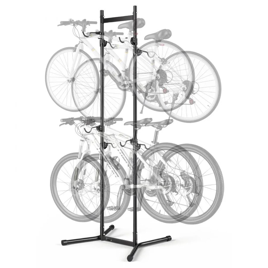 VEVOR Bike Stand for 4 Bikes, Freestanding Vertical Bike Storage Rack, with Height-Adjustable Hooks, Heavy-Duty Carbon Steel Garage Bicycle Floor Stand, Ideal for Garage, Apartment, Home, Black